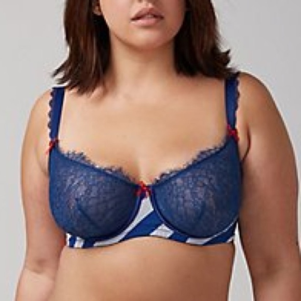 CACIQUE LANE BRYANT balconette bra size 40DD blue white lace sailor sexy